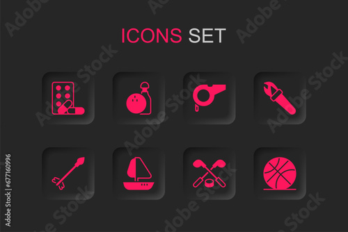 Set Yacht sailboat, Bowling pin and ball, Sports doping with dumbbell, Ice hockey sticks puck, Torch flame, Basketball, Whistle and Medieval arrows icon. Vector