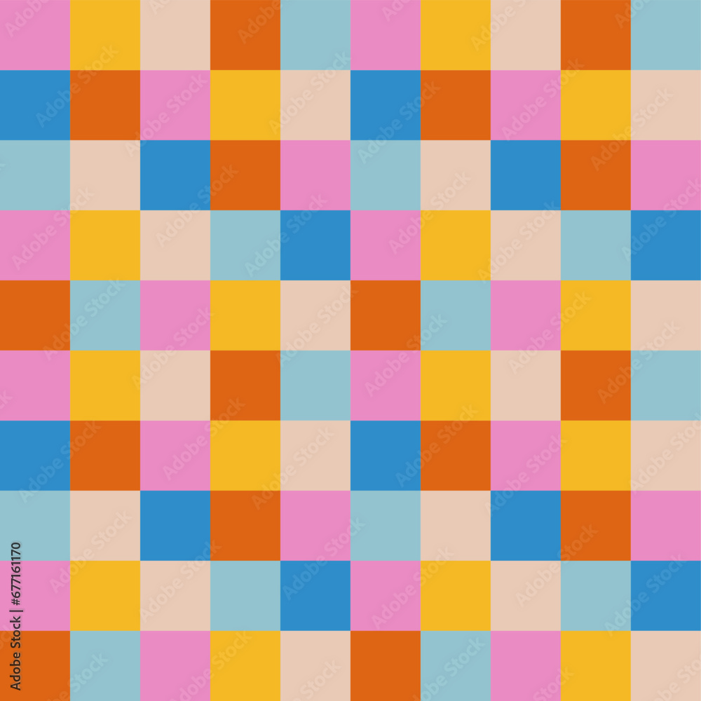 Retro checked colourful pattern. Abstract geometric multicolored seamless. Mosaic background in 60s style. Geometric bright square texture in vintage style.