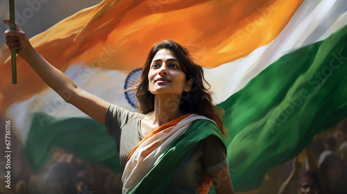 Mujer de pie morena con el brazo derecho en alto sujetando una bandera de la india celebrando el día de la republica de india. photo
