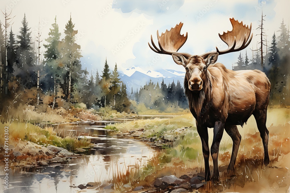 Fototapeta premium Merry Moose Clipart Watercolor