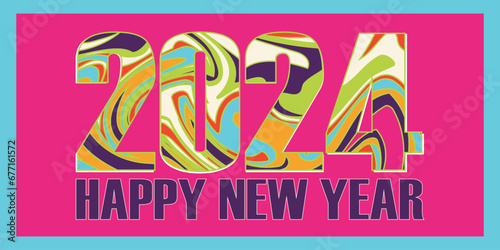 Colorful Waves 2024 Happy New Year in Barbie Pink Trendy Multicolor 2024 Purple Green Blue Banner Vector Illustration