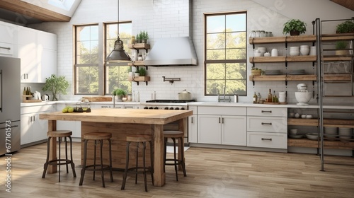 A modern farmhouse kitchen with a farmhouse sink, open shelving, and reclaimed wood accents.