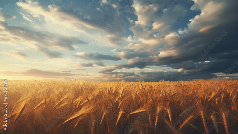 Golden wheat field and blue sky with clouds.