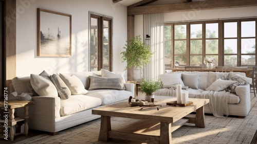A modern farmhouse living room with a reclaimed wood coffee table, cozy textiles, and farmhouse decor. © SHAPTOS