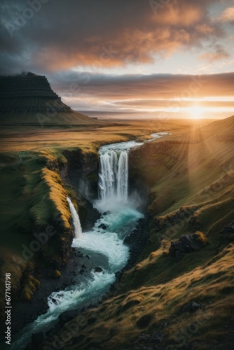 Beautiful sunset in nature. Waterfall, high mountains and fields, bright sun and clouds in the sky