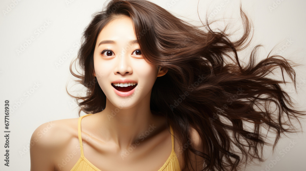 Fototapeta premium Portrait of vogue fashion smiling Asian girl, white background