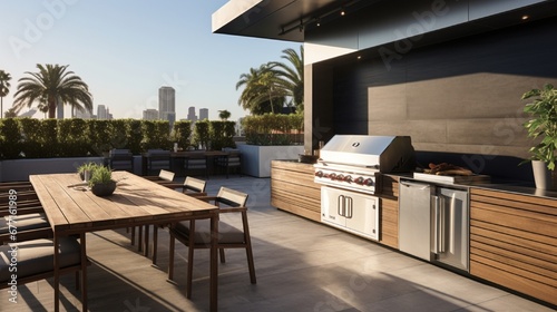A modern outdoor kitchen with stainless steel appliances, a built-in grill, and a spacious countertop. © SHAPTOS