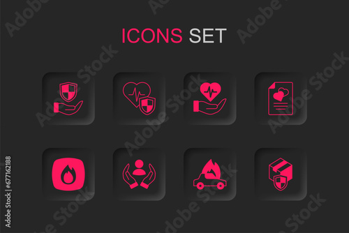 Set Life insurance, with shield, Shield hand, Burning car, Marriage contract, Delivery security, and Fire flame icon. Vector