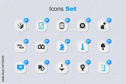 Set Game dice, Time chess clock, Air hockey table, Domino, Racket, and Chess icon. Vector
