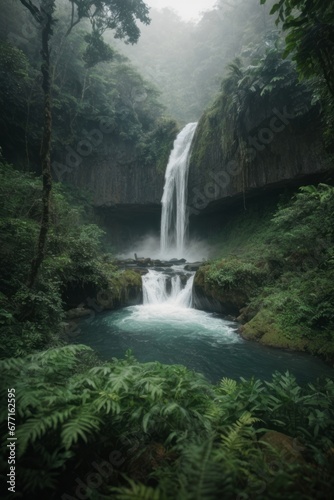 A beautiful waterfall in a wild green rainforest. Nature  travel  sightseeing concepts