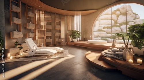 A modern wellness room equipped with a sauna, yoga space, and a relaxation corner.