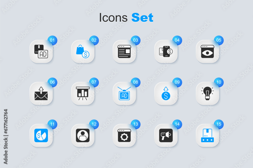 Set Megaphone, Board with graph chart, shopping bag and dollar, Market analysis, Consumer product rating, Light bulb, Advertising and icon. Vector
