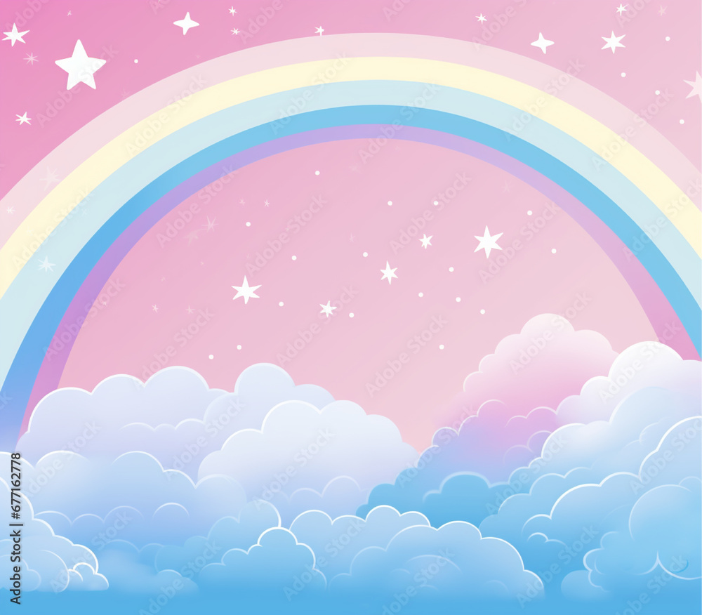 rainbow with stars, clouds and bright colourful stars,  cartoon rainbow and clouds