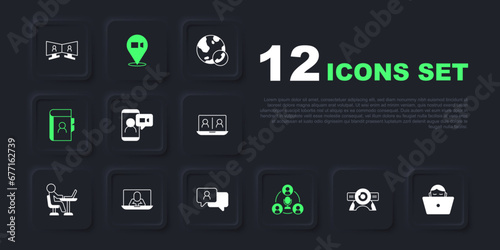 Set Web camera, Freelancer, Video chat conference, Meeting, Phone book, and Speech bubble icon. Vector