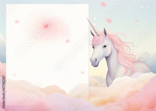 unicorn birthday invitation template, unicorn birthday card with stars and glitter on the sky