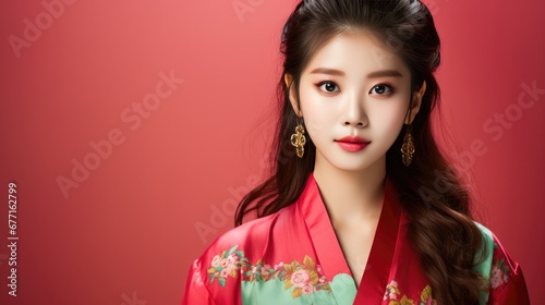 Portrait of smiling vogue Asian girl with Chinese traditional clothing, solid color background