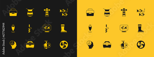 Set Fishing hook with fish, Case or box for fishing equipment, Location, Spinning reel, Hand ice drill, Lighthouse, and net icon. Vector