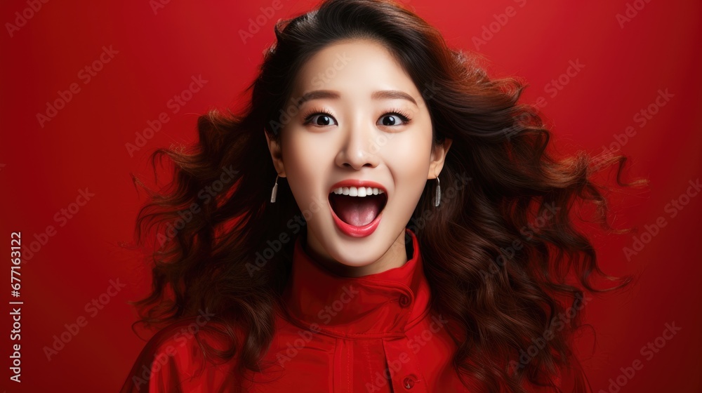 Portrait of smiling vogue Asian girl with Chinese traditional clothing, solid red background