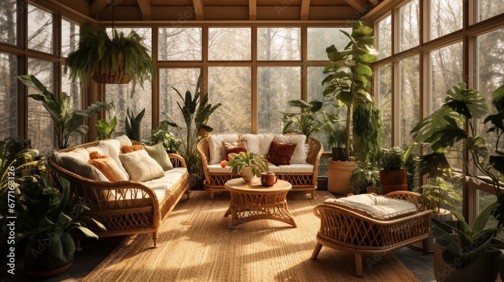 A nature-inspired sunroom filled with potted plants, wicker furniture, and natural sunlight.