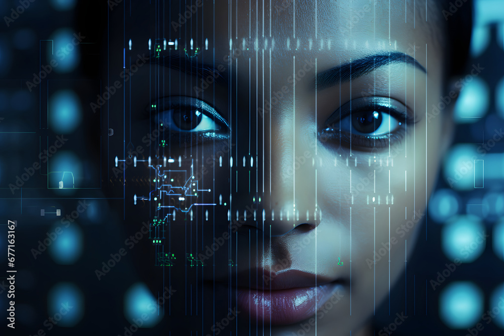 Recognition of facial features by a computer system, illustration for computer vision and facial recognition technology - obrazy, fototapety, plakaty 