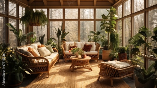 A nature-inspired sunroom filled with potted plants  wicker furniture  and natural sunlight.