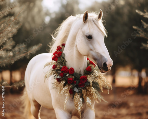 Beautiful White Horse Portrait Outdoors in a Snowy Field With a Holiday Red and Green Christmas Wreath Around Neck  photo