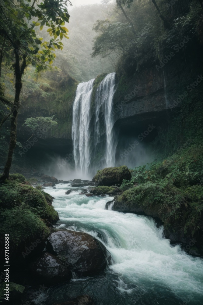 Beautiful clear mountain waterfall in tropical green forest jungle in cloudy weather with fog. Nature, travel, sightseeing concepts
