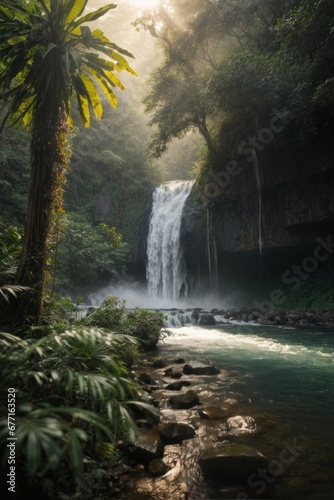 Beautiful waterfall in the jungle forest at sunset