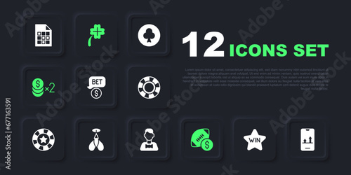 Set Casino win, Online sports betting, chip with dollar, American football money, Dart arrow, slot machine clover and dealer icon. Vector