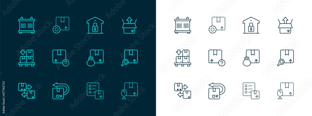 Set line Unboxing, Return cardboard, Carton, Verification of delivery list, Closed warehouse, Container and Gear with package icon. Vector Set line Unboxing, Return cardboard, Carton, Verification of delivery list, Closed warehouse, Container and Gear with package icon. Vector