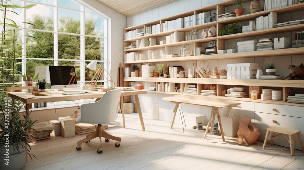 A Scandinavian-inspired workspace featuring functional storage, ergonomic seating, and natural light.