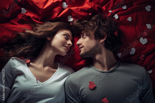 young couple lying on a bed , red paper hearts around, valentines day concept