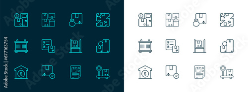 Set line Broken cardboard box, Carton, Warehouse interior with boxes, Waybill, Verification of delivery list, Home services and icon. Vector