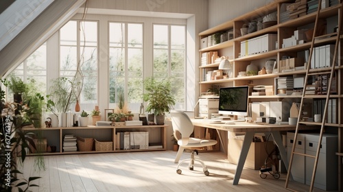 A Scandinavian-inspired workspace featuring functional storage, ergonomic seating, and natural light.