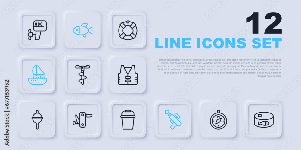Set line Compass, Canned fish, Hand ice drill, Fishing harpoon, Yacht sailboat, Swiss army knife, and bucket icon. Vector Set line Compass, Canned fish, Hand ice drill, Fishing harpoon, Yacht sailboat, Swiss army knife, and bucket icon. Vector
