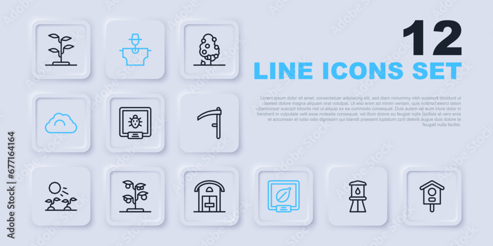 Set line Water tower, Bird house, Colorado beetle, Seeds of specific plant, Cloudy weather, Sprout, Scarecrow and Farm icon. Vector Set line Water tower, Bird house, Colorado beetle, Seeds of specific plant, Cloudy weather, Sprout, Scarecrow and Farm icon. Vector