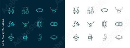 Set line Necklace with heart shaped, Wrist watch, Gem stone, Piercing, Locket necklace, Bracelet jewelry, Earrings and icon. Vector