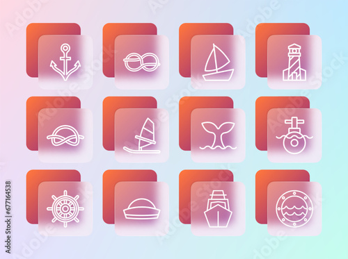 Set line Lighthouse, Sailor hat, Whale tail, Yacht sailboat, Windsurfing, Anchor and Nautical rope knots icon. Vector