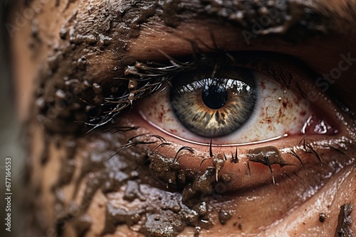 close-up eyes of soldiers on the battlefield. close-up eyes dirty with mud photo