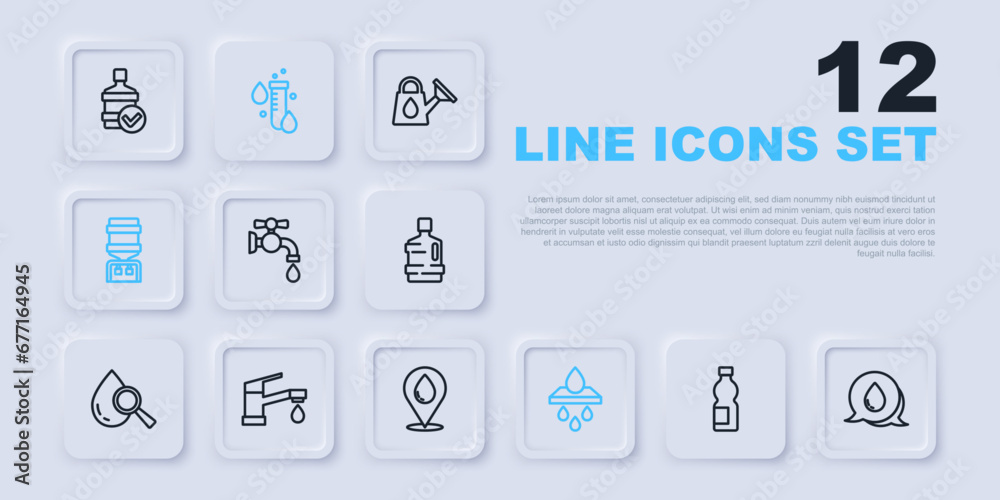 Set line Bottle of water, Water drop with speech bubbles, tap, filter cartridge, cooler, Test tube and location icon. Vector Set line Bottle of water, Water drop with speech bubbles, tap, filter cartridge, cooler, Test tube and location icon. Vector