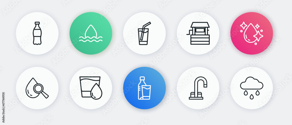 Set line Bottle of water with glass, Water drop, Drop and magnifying, tap, Well, Glass, Cloud rain and icon. Vector