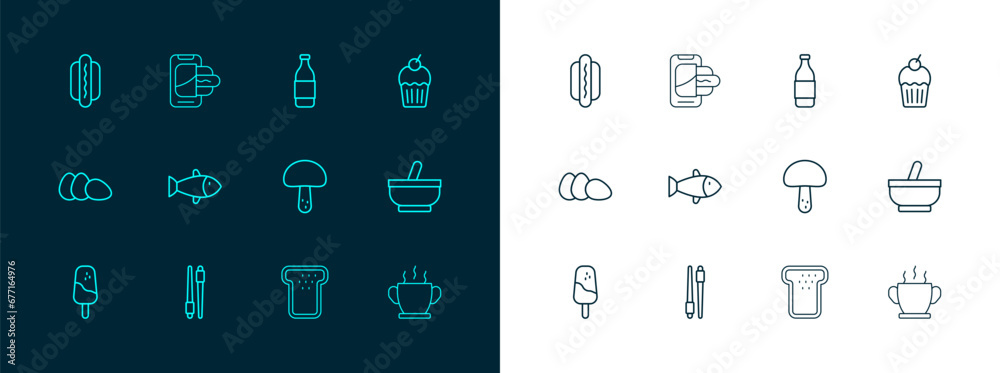 Set line Muffin, Food chopsticks, Mushroom, Bread toast, Fish, Bottle of wine, Hotdog and ordering on mobile icon. Vector Set line Muffin, Food chopsticks, Mushroom, Bread toast, Fish, Bottle of wine, Hotdog and ordering on mobile icon. Vector