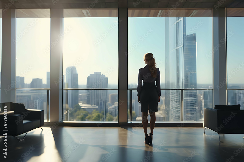 Fototapeta premium Woman looking out the window in the office