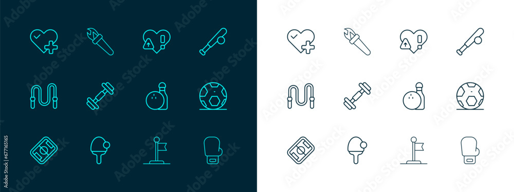 Set line Baseball bat with ball, Racket, Bowling pin and, Flag, Dumbbell, Heart rate, and Torch flame icon. Vector Set line Baseball bat with ball, Racket, Bowling pin and, Flag, Dumbbell, Heart rate, and Torch flame icon. Vector