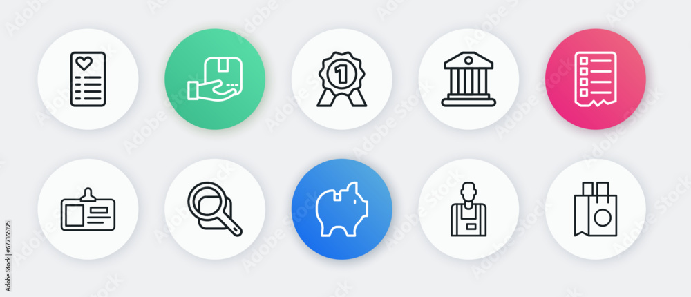 Set line Piggy bank, Shopping list, Identification badge, Seller, Bank building, Medal, Paper shopping bag and Magnifying glass icon. Vector Set line Piggy bank, Shopping list, Identification badge, Seller, Bank building, Medal, Paper shopping bag and Magnifying glass icon. Vector
