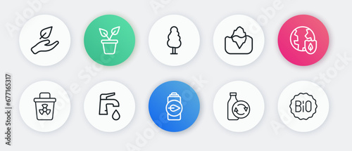 Set line Eco nature leaf battery, Earth with shield, Infectious waste, Recycling plastic bottle, Iceberg, Tree, Banner for bio and Water tap icon. Vector