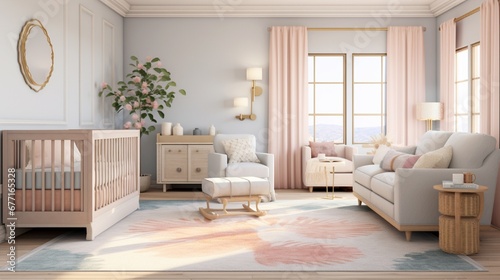 A transitional-style nursery with a convertible crib, soft area rugs, and calming pastel hues.