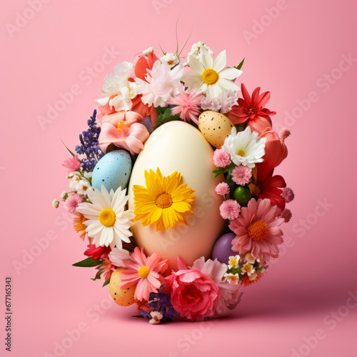 Easter creative composition with Easter eggs and flowers 