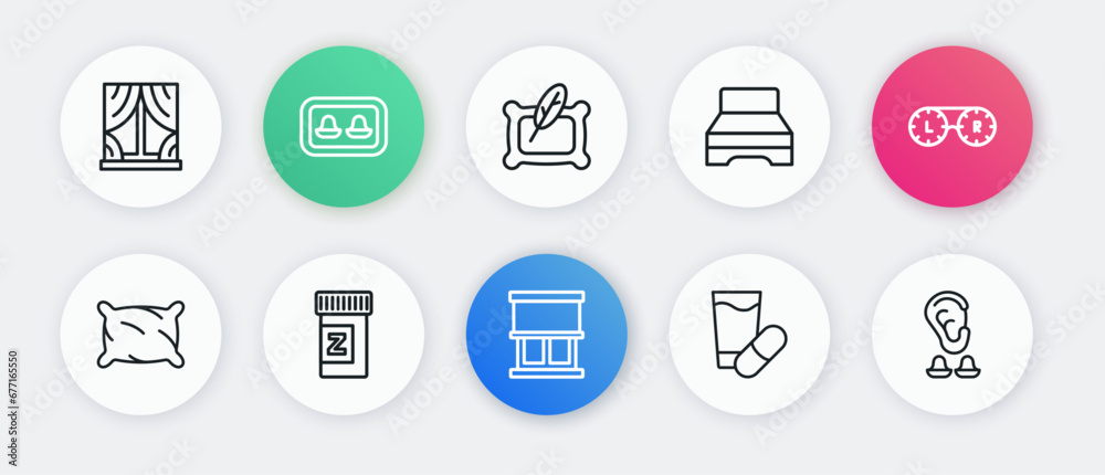 Set line Window with curtains, Contact lens container, Pillow, Sleeping pill, Big bed, Earplugs and ear and icon. Vector Set line Window with curtains, Contact lens container, Pillow, Sleeping pill, Big bed, Earplugs and ear and icon. Vector