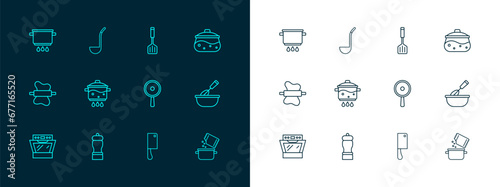 Set line Cooking pot, Pepper, Frying pan, Meat chopper, on fire, Spatula, and Kitchen ladle icon. Vector